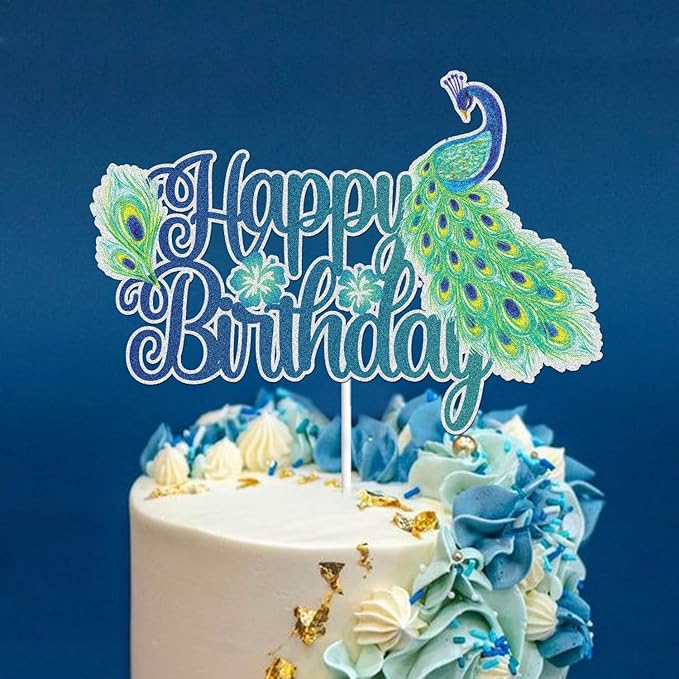 Peacock Happy Birthday Cake Topper Blue Colorful Glitter Peacock Zoo Animal Party Cake Decor Zoo Bird Theme Birthday Party Supplies for Kids Boys Girls