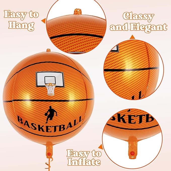 6 Pcs Basketball Balloons, 22 Inch Foil Mylar Basketball Balloon Large Round Sphere Balloons for Basketballs Sports Themed Birthday Party Decorations Supplies
