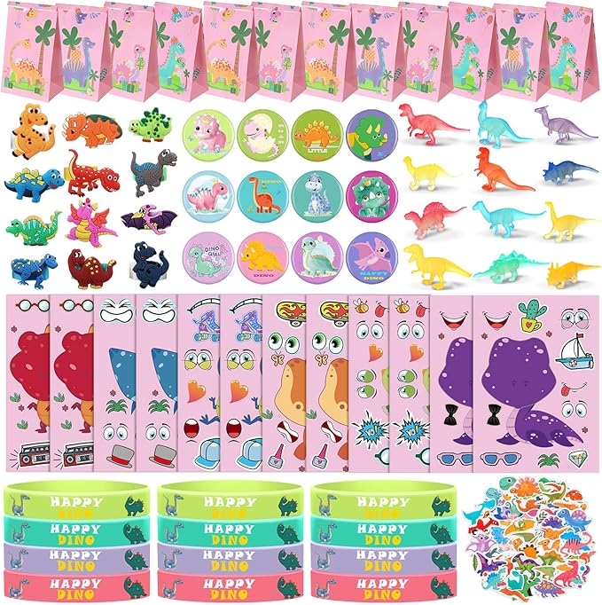 122 Pcs Dinosaur Party Supplies Pink Dinosaur Birthday Party Favors Dino Goodie Bags Make a Dino Sticker Mini Glow in Dark Toy Badge Bracelet Ring for Christmas Favor Treat Bag Stocking Stuffer