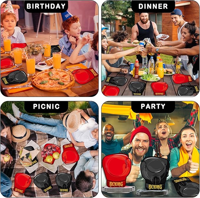 48PCS Boxing Birthday Party Supplies Red Black Boxer Gloves Plates Wrestling Tableware Set Boxing Disposable Dinner Dessert Dinnerware for Men Kid Adult Sports Birthday Party Decorations