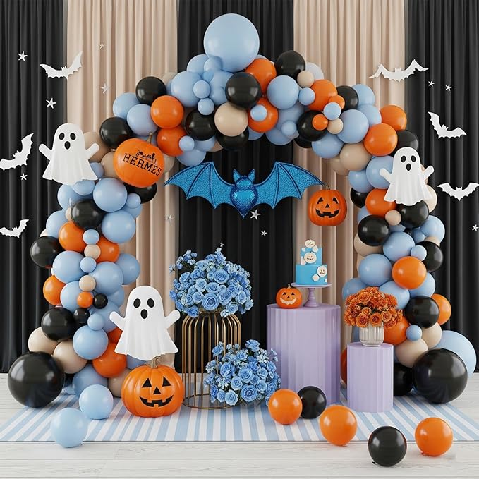 Halloween Balloon Arch Kit,120PCS Halloween Sand White Black Orange Blue Balloon, Ghost Foil Ballons for Halloweenday Party Decorations BOO Party Supply Birthday,Baby Shower