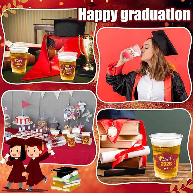 GuassLee Maroon Graduation Decorations 2026 Party Cups - 50pcs 12 Oz Maroon Disposable Graduation Plastic Clear Cups for Drinks Class of 2026 Grad Party Supplies