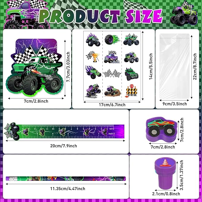 Cholemy 144 Pcs Monster Truck Party Favors Truck Party Supplies School Stationery Set Notebook Sticker Stamper Eraser Ruler Pencil Bag for Birthday Baby Shower Gifts Classroom Prize (Purple,Monster)