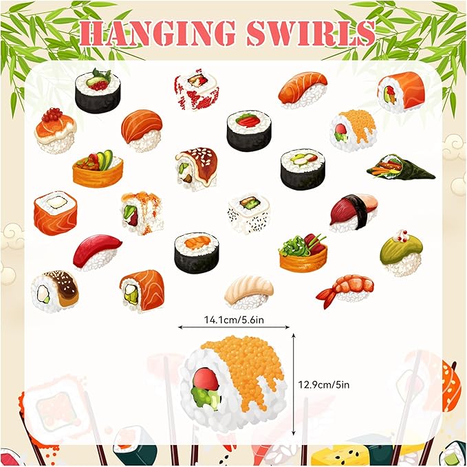24 Pcs Sushi Hanging Swirls Sushi Ceiling Swirls Decorations Sushi Birthday Party Supplies for Japanese Sushi Birthday Baby Shower Decorations Sushi Party Decorations