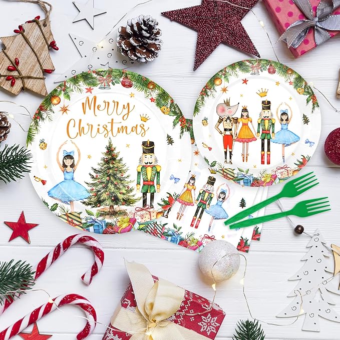 96 Pieces Christmas Ballet Party Tableware Set – Festive Disposable Dinnerware with Paper Plates, Napkins, and Plastic Forks – Winter Fairy Tale Theme for Christmas Birthdays Parties – Serves 24