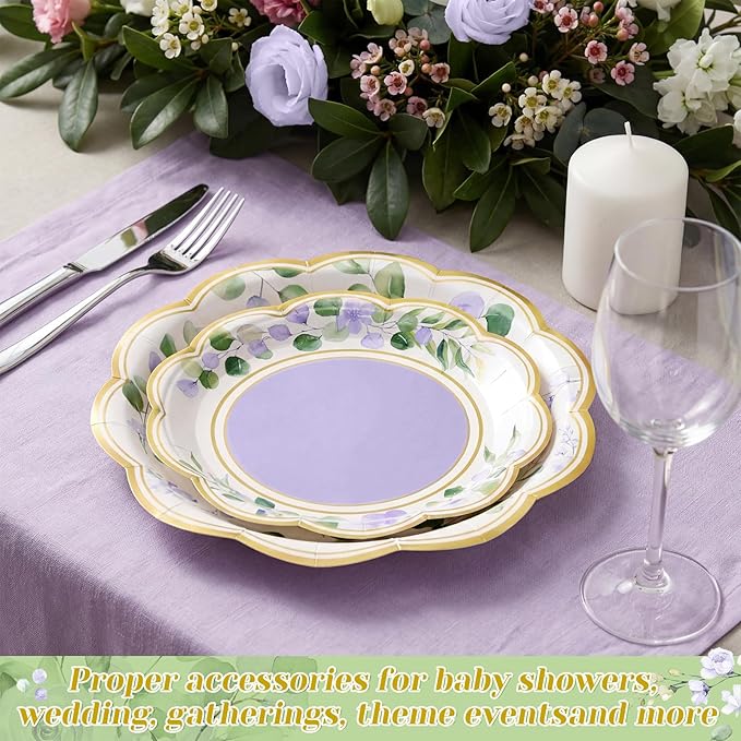60 Pcs Eucalyptus Paper Plates 9 in and 7 in Purple Dessert Party Plates with Gold Rim Disposable Floral Shape Tableware for Wedding Birthday Party Baby Shower Bridal Shower