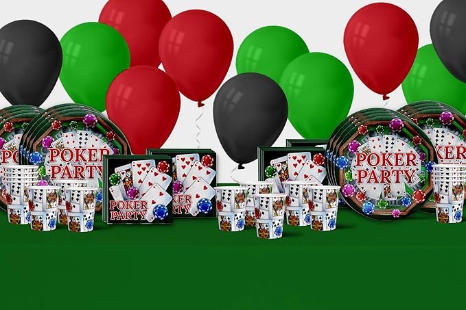 Birthday Galore Poker Party Supplies Set - Plates, Napkins, Cups - Red, Blue, Yellow - Poker Theme - 16 Guests