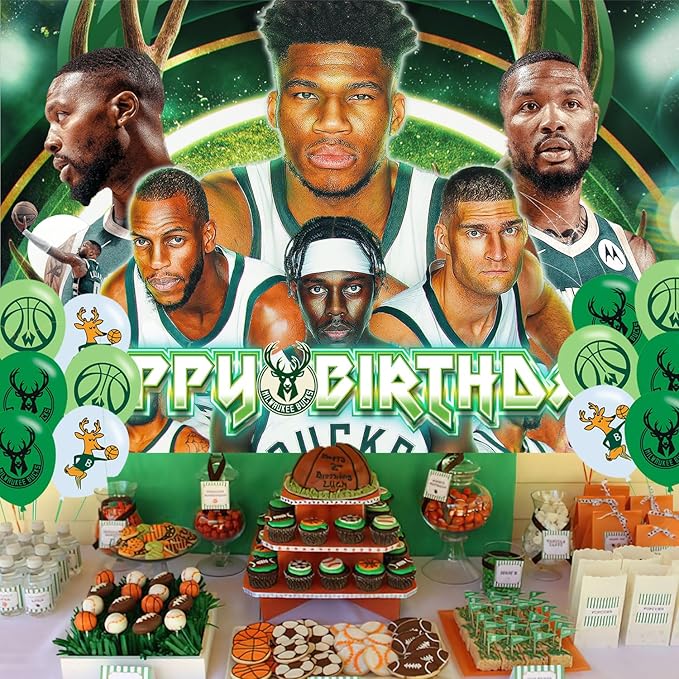 Milwaukee Basketball Birthday Party Decoration,Bucks Party Photo Background 5 x 3 FT and 18 Pcs Balloon,Merch Party Backdrop Supplies