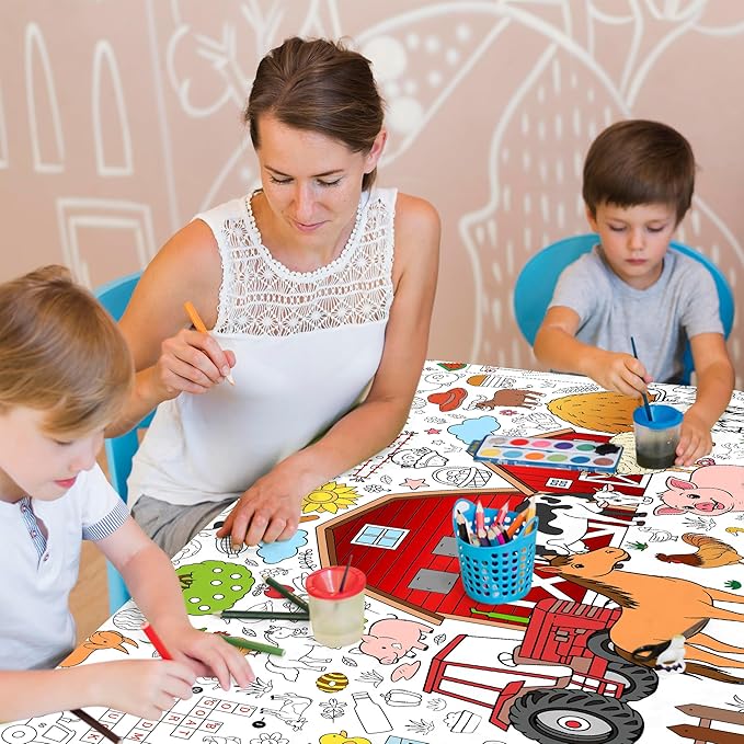 Farm Coloring Tablecloth for Kids, Giant 30x72 Inch Poster with Barns, Tractors, Animals, Perfect for Farm Party Games, Country Decorations, Classroom Activities, Event Supplies