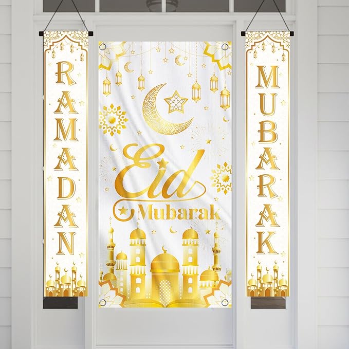 Eid Mubarak Banner Decoration, Ramadan Mubarak Door Cover Banner Decoration for Home, Gold Moon Castle Outdoor Wall Hanging Banner Decor for Holiday Party Supplies