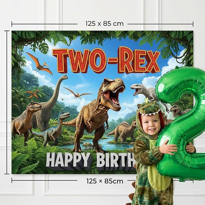 Dinosaur Two-Rex Birthday Decorations include Hunter Green Brown Gold balloon arch & small Dino Foil balloons & backdrop & footprint stickers for Kids Boys Jungle Safari Dino 2rd Party Supplies