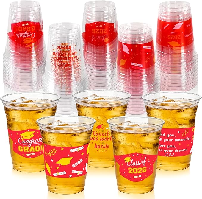GuassLee Red Gold Graduation Decorations 2026 Party Cups - 50pcs 12 Oz Red and Gold Disposable Graduation Plastic Clear Cups for Drinks Class of 2026 Grad Party Supplies
