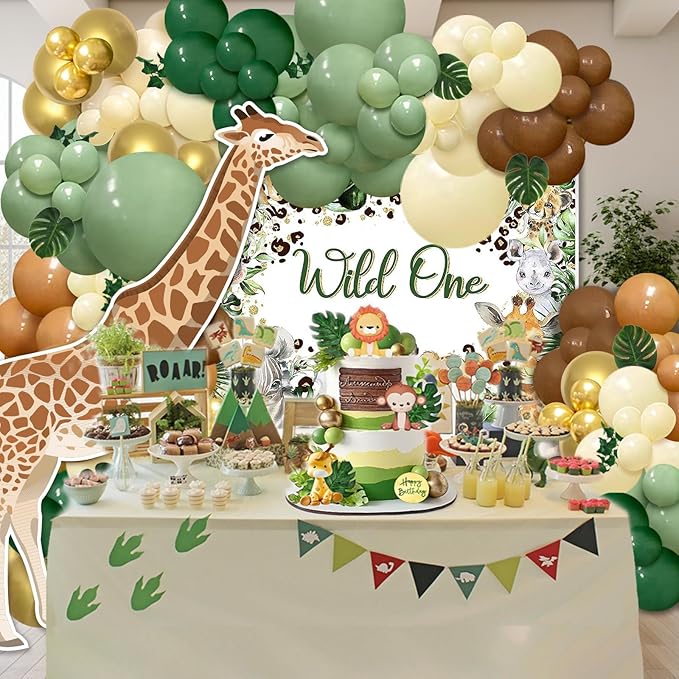 142pcs Jungle Safari Wild One Balloon Arch Kit, Sage Green and Brown Balloon Garland with Palm Leaves for Woodland Tropical Shower Birthday Jungle Party Decoration