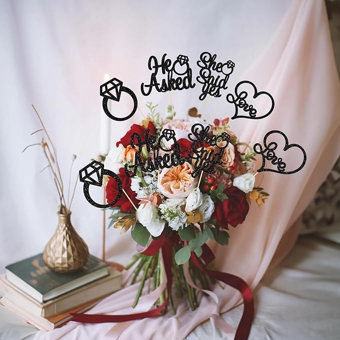 Gyufise 12Pcs He Asked She Said Yes Centerpiece Sticks Double Sided Love Heart I Do Ring Table Centerpiece Sticks for Wedding Engagement Bridal Theme Party Supplies Black