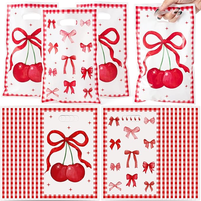 Bow Party Favor Bags - 50Pcs Red Cherry Goody Candy Treat Gifts Bags Bow themed Party Decorations for Kids Girls Women Birthday Wedding Bridal Baby Shower Bachelorette Party Supplies