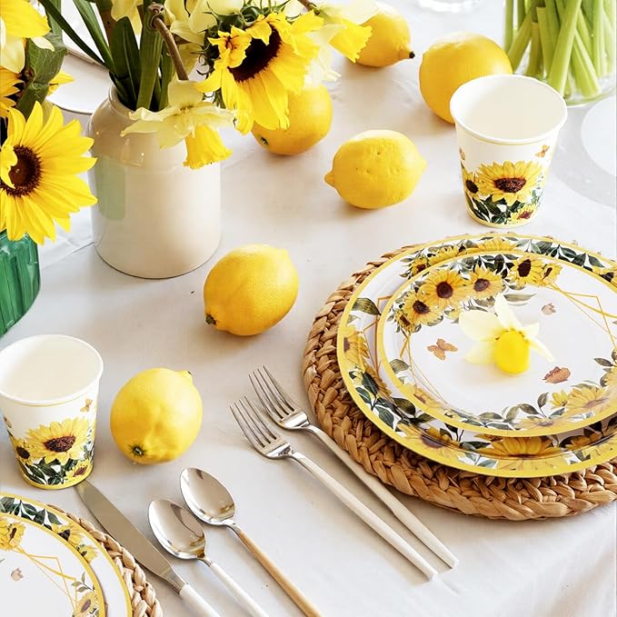 100Pcs Sunflower Paper Plates and Napkins and Cups Flower Floral Fall Party Plates for 25 Guest Wedding Baby Shower Kids Birthday Party Supplies Decoration