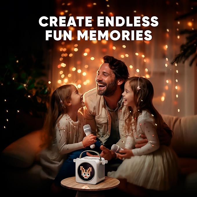MASINGO Portable Mini Karaoke Machine for Kids and Adults with Dual Wireless Bluetooth Microphones, Animated LED Display, USB/Aux/MicroSD, Voice Effects, Fun Karaoke Toy for Girls and Boys, Animato S1