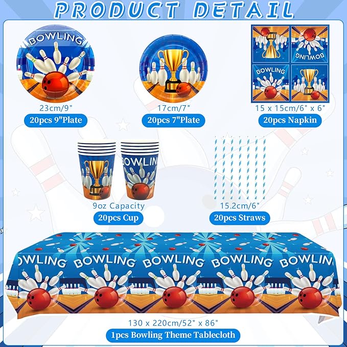 KEFAN Bowling Birthday Party Decorations, Bowling Theme Party Tableware Supplies including Plates, Cups, Napkins, Tablecloth (20)