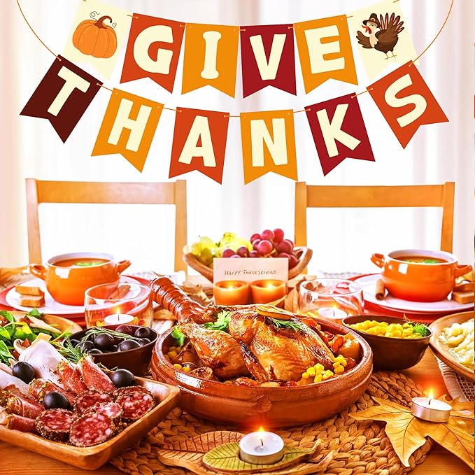 OHOME Thanksgiving Decorations - GIVE THANKS Banner | Friendsgiving Party Decorations for Indoor Outdoor Outside - Thanksgiving Garland for Front Door | THANKSGIVING Backdrop Wreath for Window Wall