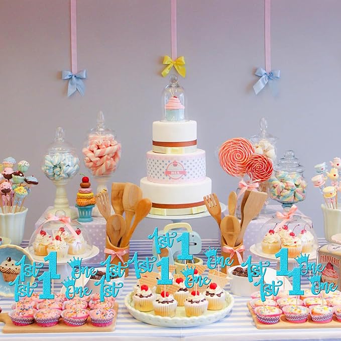 24 PCS 1st Birthday Cupcake Toppers Glitter First Birthday Crown Wild One Cupcake Picks for Baby Shower Kids Boys Girls 1st Birthday Anniversary Boho Theme Party Cake Decorations Supplies Blue