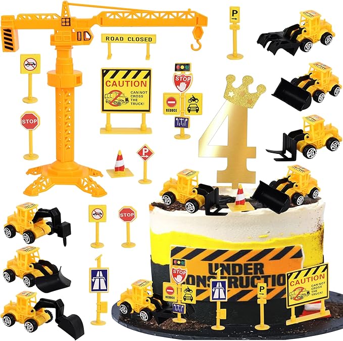17 Pack Construction Vehicles Cake Toppers Set Acrylic Number 4 Cake Picks Road Sign Tower Digger Cupcake Toppers for Construction Theme Baby Shower Kids 4th Birthday Party Cake Decorations Supplies