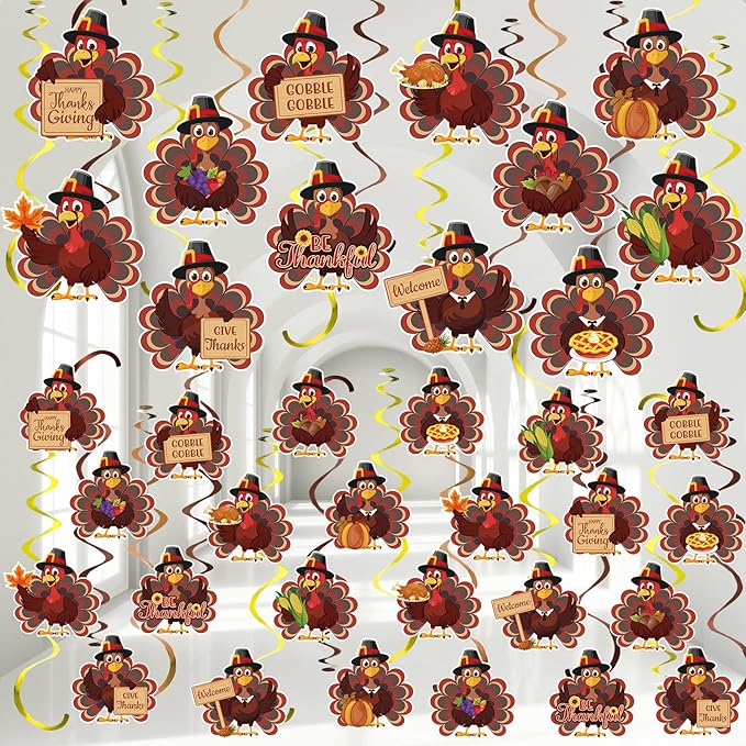 Spakon 72 Pcs Thanksgiving Turkey Hanging Swirl Decoration Thanksgiving Party Decoration Brown Thankful Gobble Turkey Ceiling Decor for Office Home Birthday Fall Harvest Party Favors Supplies