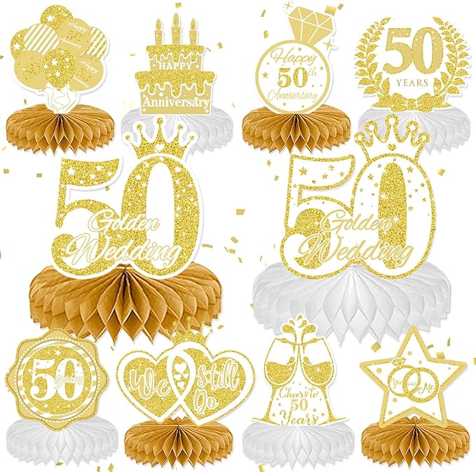 10 Pcs 50th Anniversary Decorations, 50th Wedding Anniversary Decorations 50th Anniversary Honeycomb Centerpiece White Gold Happy 50th Wedding Anniversary Party Centerpieces