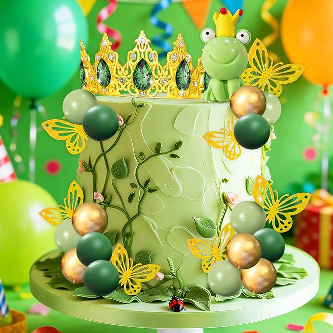 Frog Princess Cake Decorations Princess Fairy Birthday Party Decorations Frog Cake Topper Butterfly Garden Baby Shower Decor Golden Crown Birthday Party Supplies