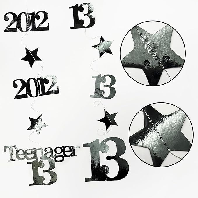 12PCS Black 13th Birthday Decorations Number 13 and 2012 Star Garland Streamer Banner Backdrop for Girls Boys Cheers to 13 Years Birthday Vintage Made in 2012 Official Teenager Party Decor Supplies