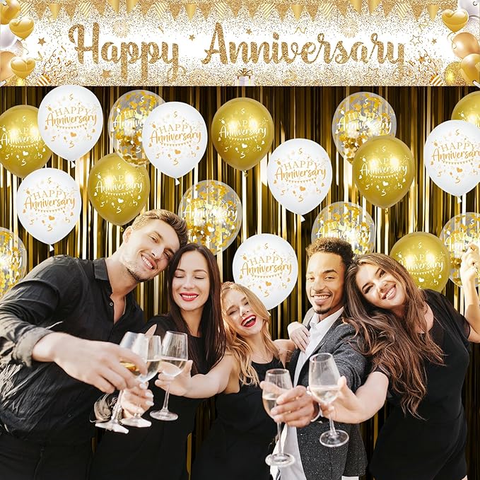 Happy Anniversary Decorations Banner with Balloons Set - Large Gold and White Backdrop Background Sign and Confetti Latex Balloons Kit for Wedding Anniversary Party Supplies, Indoor Outdoor Yard Decor