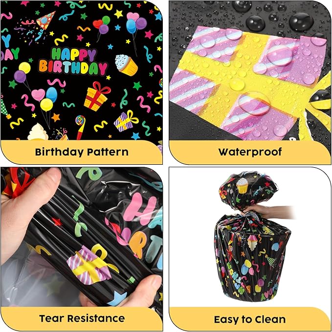 Oudain 3 Pcs Happy Birthday Tablecloth Decorations 84 Inch Plastic Disposable Round Table Covers Waterproof Colorful Balloons Confetti Tablecloth for Women Birthday Party Supplies Baby Shower(Black)