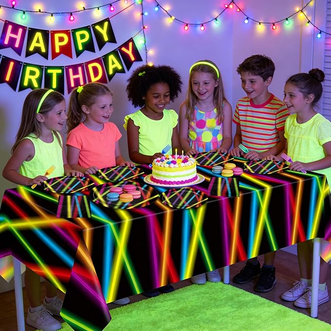 81Pcs Glow in the Dark Party Supplies Set - Serves 20, Neon Party Supplies, Includes Plates, Napkins, Fork, Tablecloth for Halloween Glow Birthday Decorations