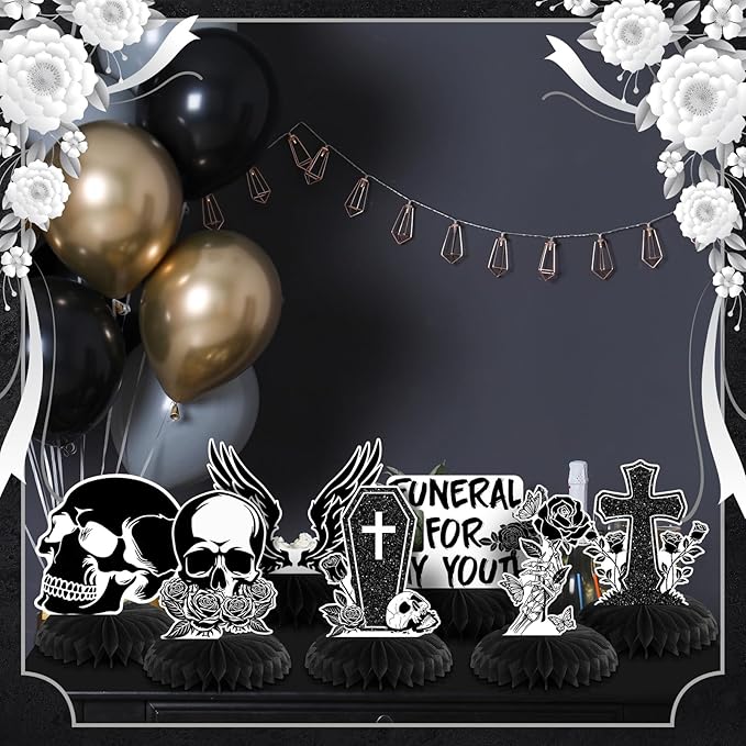 12 Pcs Halloween Death to My 20s Decorations 30th Birthday Party Decoration Rip 20s Black Gothic Honeycomb Centerpieces Funeral for My Youth Table Decoration Table Topper for Party Favors Supplies