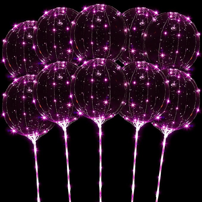 LED Balloons Light Up, 10 Pack LED Balloons with Sticks, 20 Inch Clear Bobo Balloon with Lights Helium Glow Bubble Lights for Party Supplies Valentines Decor (Pink)