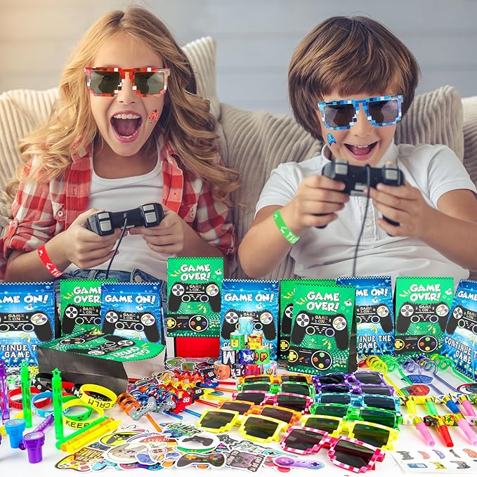 208Pcs Video Game Party Favors Set - 12 Guests, Gamer Goodie Bag Stuffers for Kids Gaming Theme Birthday Party Decorations Supplies & Piñata Fillers (Video Game Party Favors)