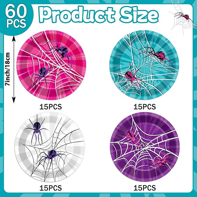 60Pcs 7'' Pink Spider Party Supplies Super Theme Hero Dessert Plates Decorations Spiderweb Disposable Paper Plates Pink Ghost Spiders Tableware for Girl Women Hero Party Favors Birthday