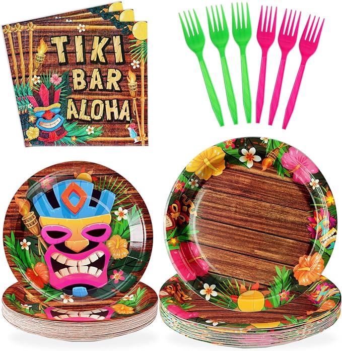 Grencian 96Pcs Hawaiian Tiki Party Supplies Tiki Party Plates Disposable 350GSM Hawaiian Aloha Paper Tableware Set for Jungle Tropical Beach Birthday Baby Shower Pool Picnic Decorations, Serves 24
