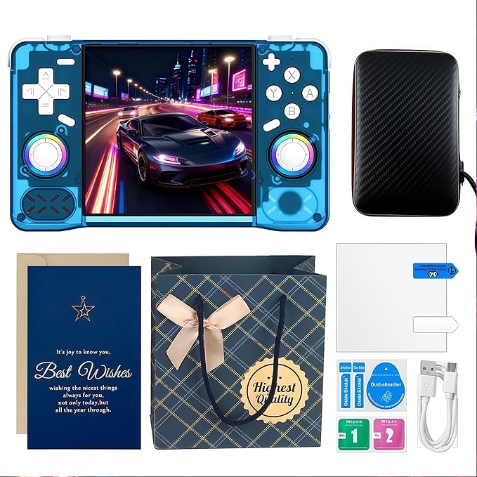 XF40H Retro Handheld Game Console Christmas Set with Gift Card & Bag,4 inch 4K IPS 128GB 21000+Classic Games,Linux OS,WiFi Multiplayer & Hall Triggers-Supports Gift for Gamer (Blue Set)