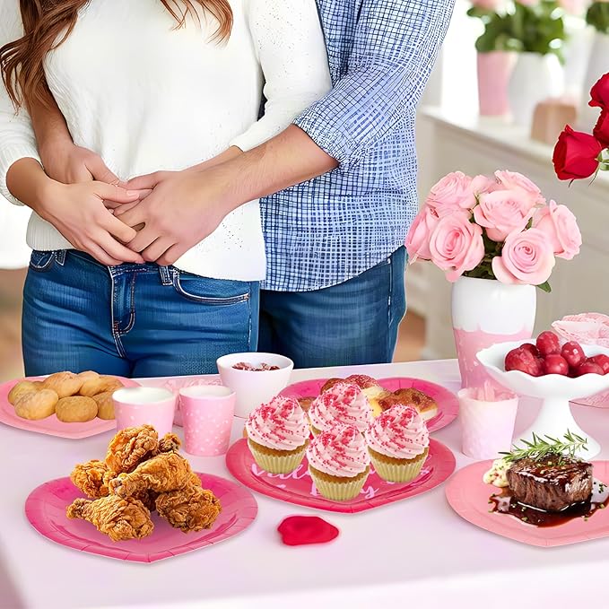 24 Pcs Happy Valentine's Day Plates - Red Pink Heart Shaped Paper Plates, Disposable Love Heart Dinner Dessert Plate Tableware for Valentines Day Anniversary Wedding Party Supplies, 7.5 x 7.5 Inch