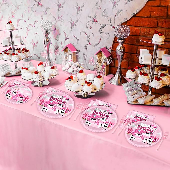 Wiooffen 96 Pcs Cow Birthday Party Supplies Cow Theme Birthday Tableware Set for Girls Pink Cow Print Themed Party Decorations Farm Animal Birthday Party Paper Plates Napkins Forks 24 Guests