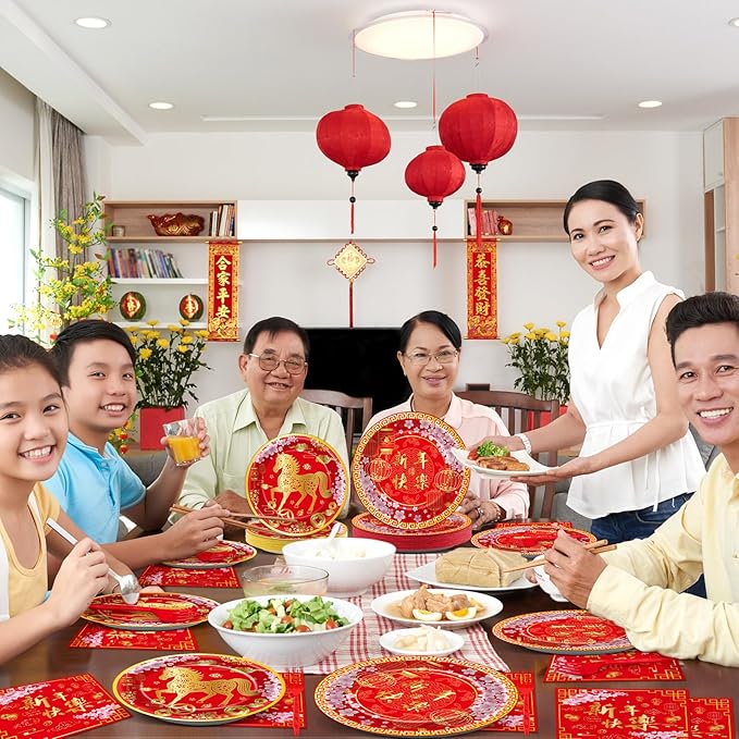 96 Pcs Chinese New Year Party Supplies Paper Plates Napkins Happy 2026 Red Gold Horse Tableware Set Spring Festival Party Plates Napkins Forks Chinese Lunar New Year Eve Decorations Serves 24
