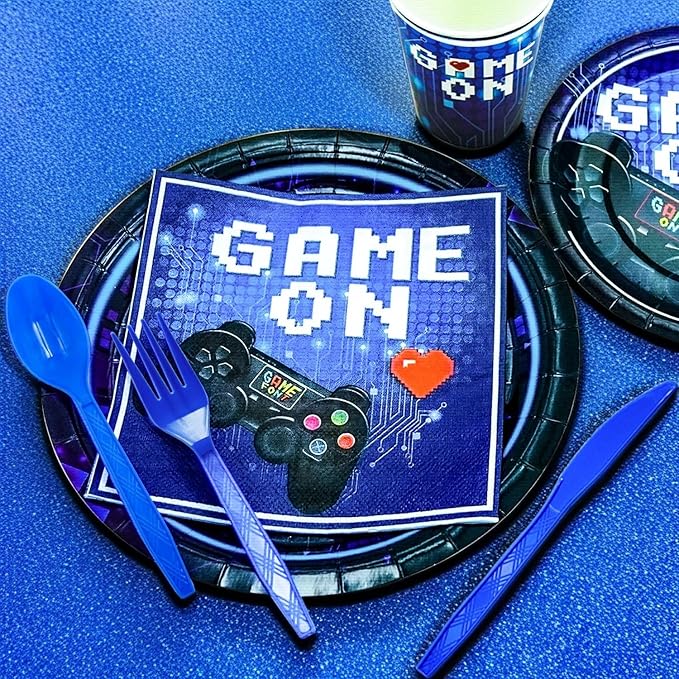 175 Pcs Video Game Party Supplies Set Paper Plates Napkins Cups Forks Knives and spoons serve for 25 Guests Game Birthday Party