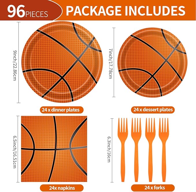 96 Pcs Basketball Paper Plates and Napkins Party Supplies, Basketball Birthday Party Plates Napkins and Forks Disposable Tableware Set for Sports Theme Party Decorations Serves 24 (Basketball)