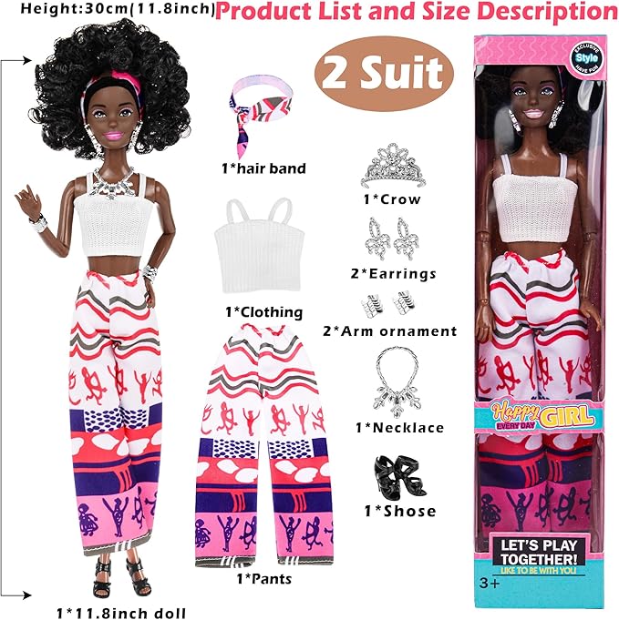 6 Pack African American Fashion Dolls Set with Mix & Match Outfits – 11.5" Posable Black Dolls & 5 Accessories Each (Crown, Necklace, Headscarf & More) + Pink Gift Case
