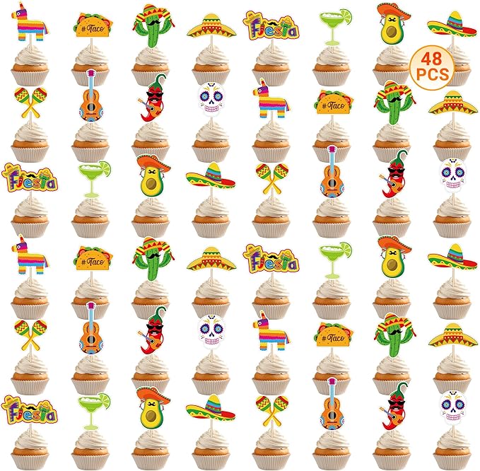 48 PCS Cinco De Mayo Cupcake Toppers, 12 Style Mexican Party Decorations, Chili Cactus Sombrero Printing Design Fiesta Cake Toppers Cupcake Picks, Cinco De Mayo Decor for Mexican Party