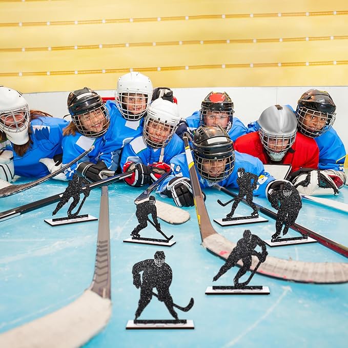 6 Pcs Hockey Party Table Decoration Wooden Sports Table Sign Glitter Ice Hockey Players Silhouette Centerpieces Ice Puck Tiered Tray Decor for Fans Club Sport Birthday Tailgate Party Supplies