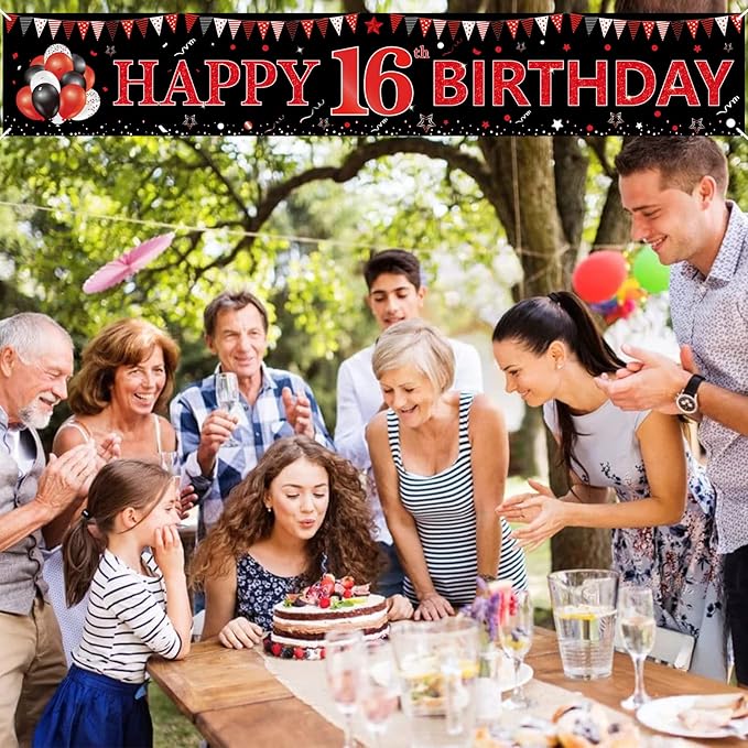 Red Black 16th Birthday Banner Decorations for Boys Girls, Black and Red Happy 16 Birthday Yard Banner Sign Party Supplies, Large Sixteen Year Old Birthday for Outdoor Indoor (9.8x1.6ft)