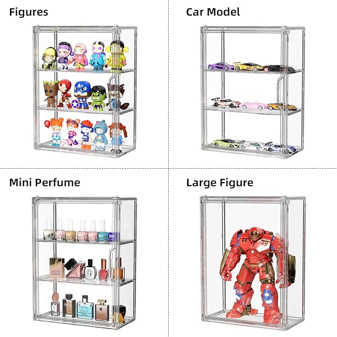 Clear 3 Tiers Acrylic Display Case for Figures Collectibles 1 Pack Wall Mounted Hobby Figurine Display Case with Shelves, Display Shelf Storage Box for Action Figures, Car Model