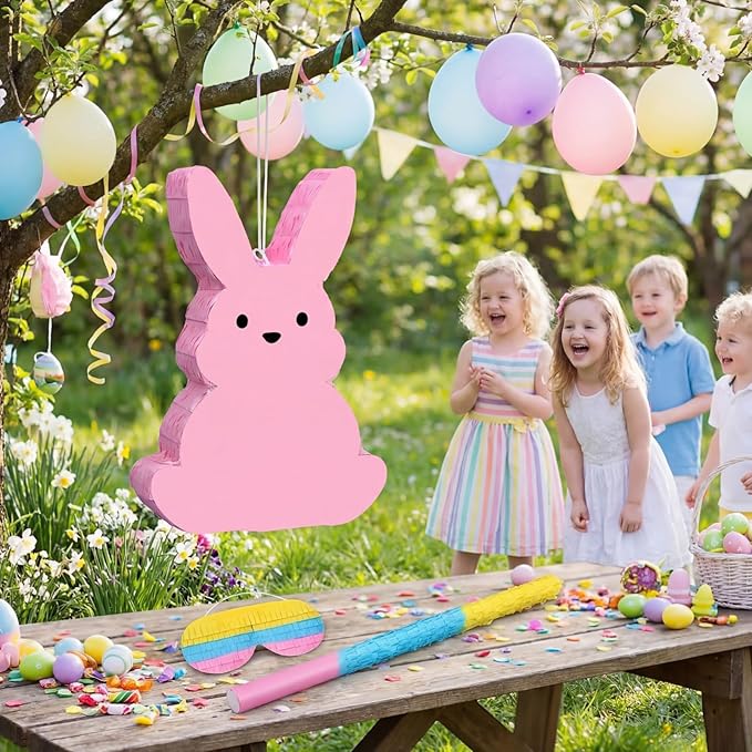 Easter Bunny Piñata with Blindfold, Bat and Filler, Funny Cute Bunny Party Favors for Cute Easter Egg Theme Adults Party Supplies Decoration