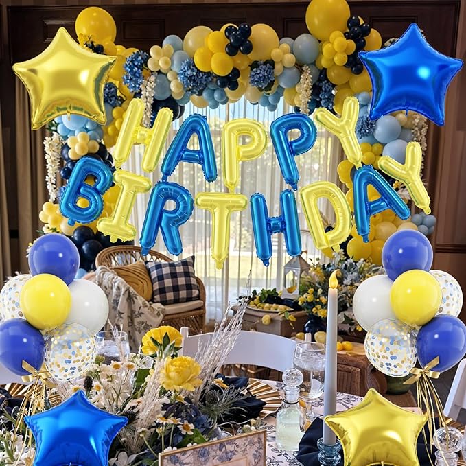 29PC Blue Yellow Happy Birthday Balloon Banner, 16 Inch 3D Aluminum Letter Banner Sign, Blue Yellow Confetti Balloon 18 Inch Star Foil Balloon for Women, Men Birthday Party Decorations